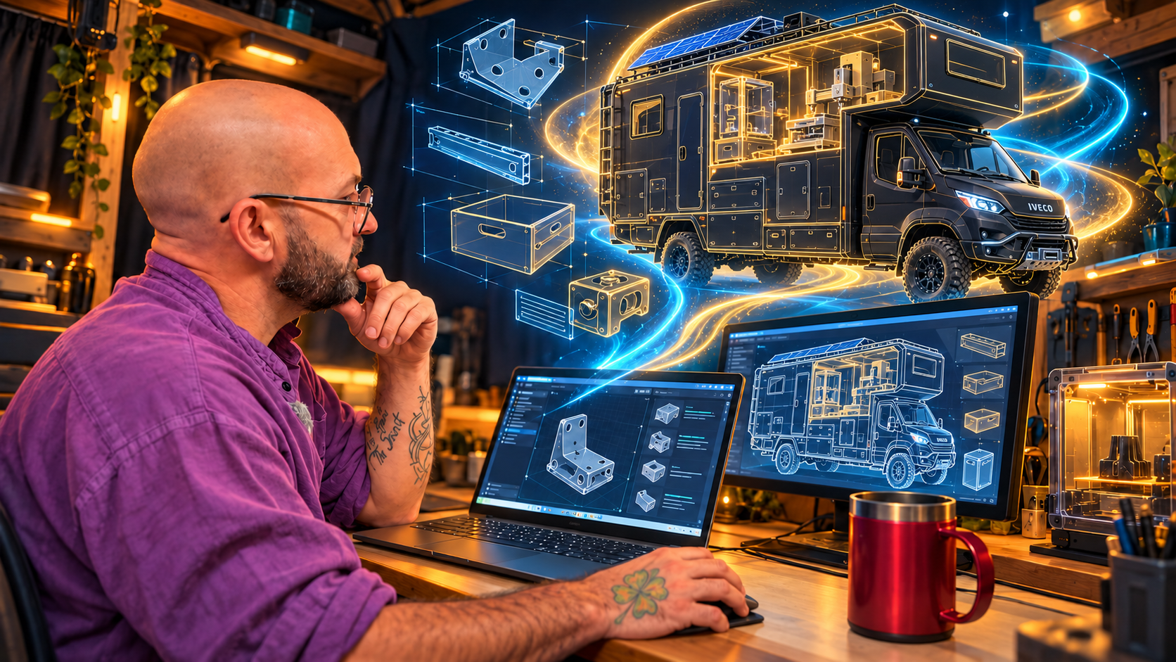 Approved illustration of Carl at his workshop computer, imagining a future motorhome amid blue and gold light and technical drawings.